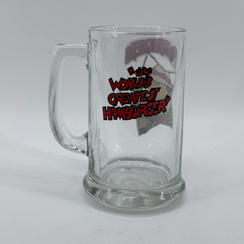 Fuddruckers Beer Mug Worlds Greatest Hamburger Glass Clear Graphic Vintage